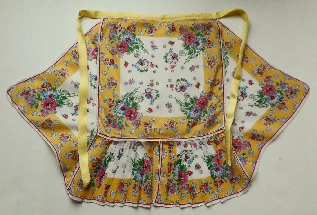 Vintage Cheery Yellow Cotton Print Half Apron Pleated Pink & Blue Floral Ribbon