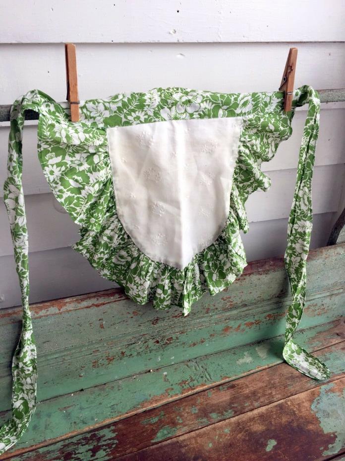 Vintage half Apron Green Floral Feed Sack Apron With Floral Embroidery Small