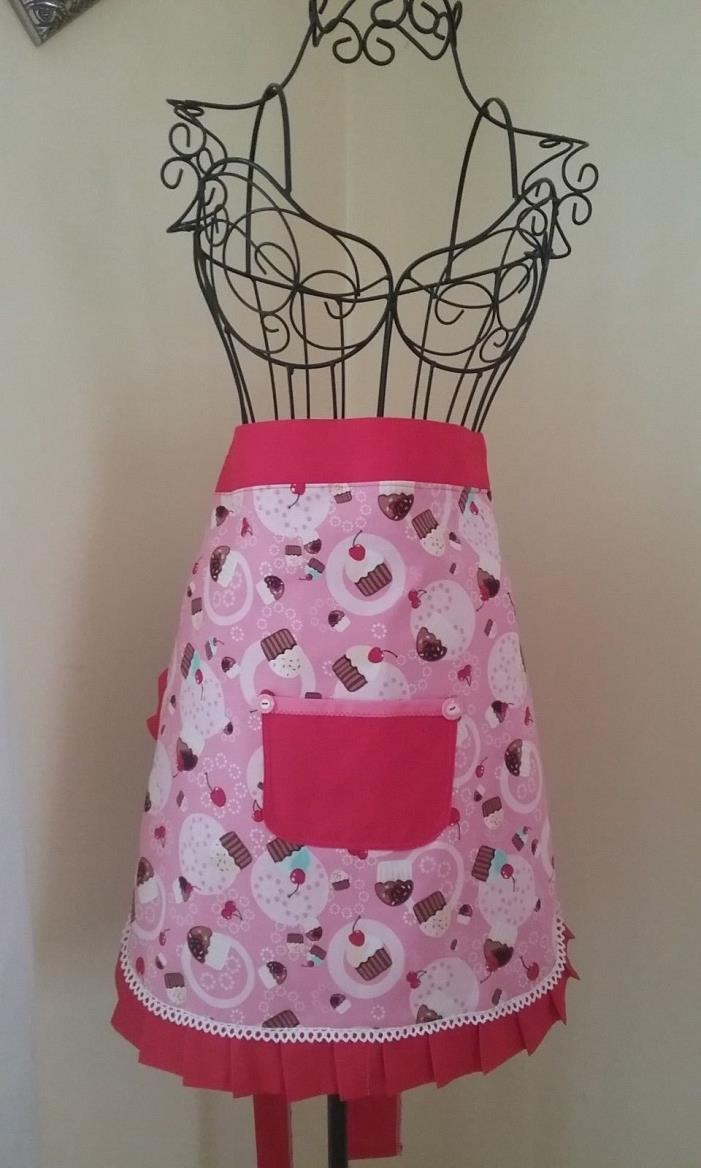 Red/Pink Cupcake Cotton Half Apron,Lined,Pocket, Ruffled, 1 size fits A Handmade