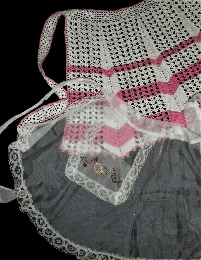 2 Vintage Half Aprons Lot Hand Crochet Sheer Embroidered Floral Lace Pink Purple