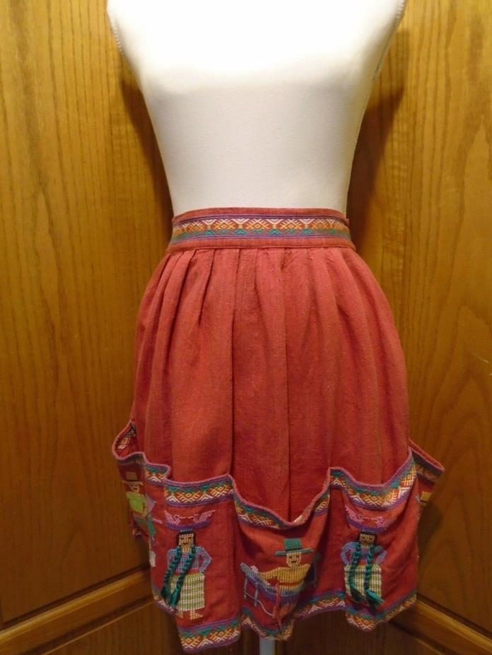 Ethnic Embroidered South American Apron With People & Birds Washed Out Red <A>