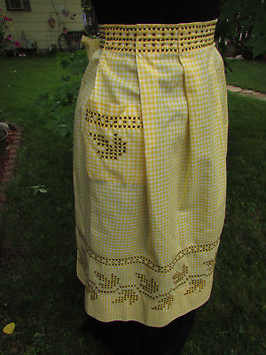 Vintage Cotton Gingham Yellow & White Half Apron with Cross Stitching