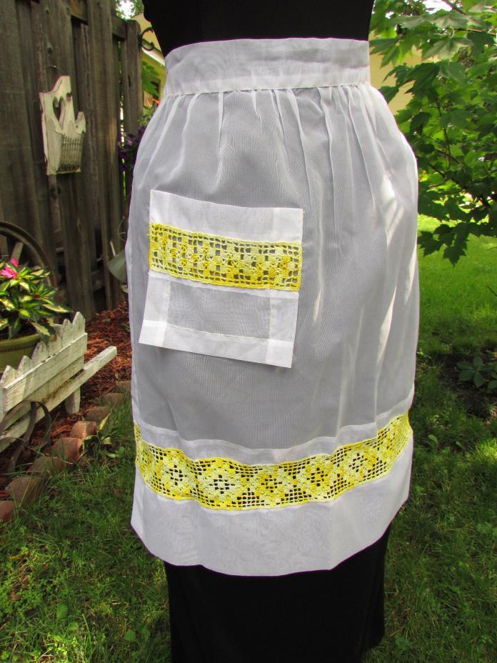 Vintage White Organdy Half Apron with Yellow Crochet
