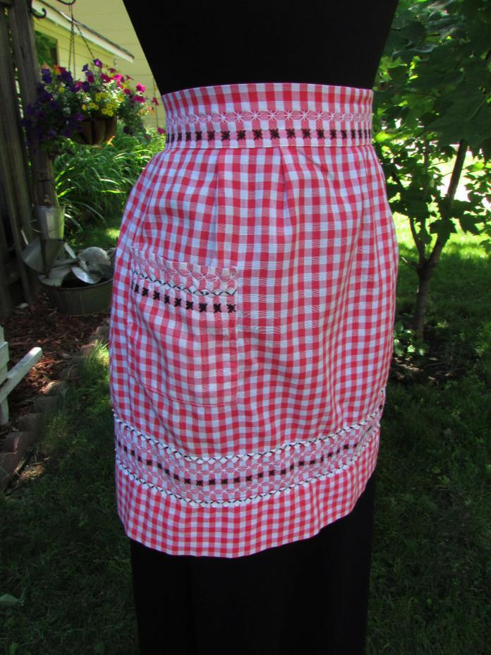 Vintage Red and White Gingham Apron Black Cross Stitching White Rick Rack