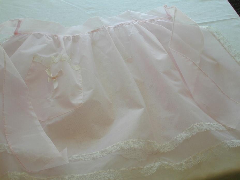 Vintage Pink Sheer Half Nylon Apron & Lace, Reversable With Pockets..