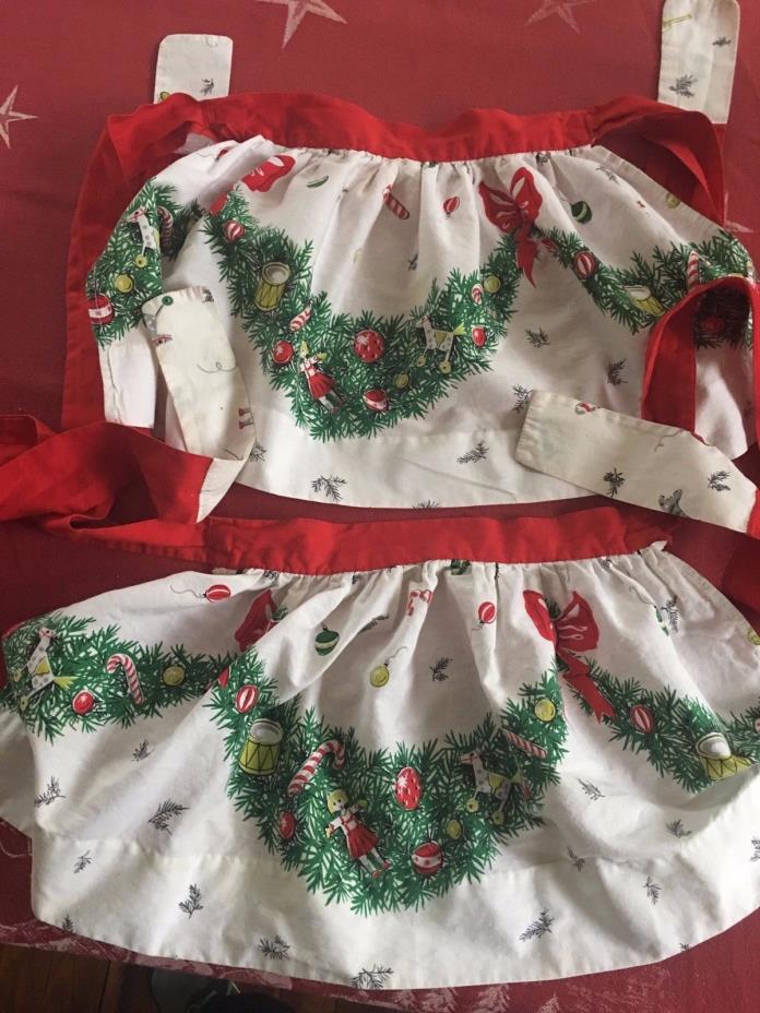 2 Sweet Child's Christmas Aprons Holiday Toy Motif 60s Handmade Matching