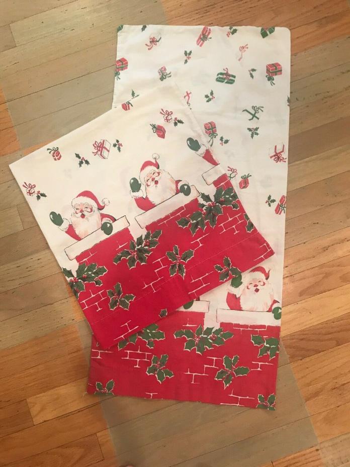 Pair of Vintage Christmas Santa Pillow Cases, Handmade Cotton