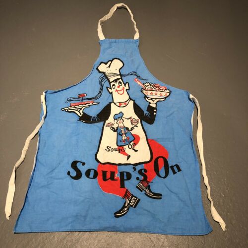 vtg 60s SOUP’S ON CARTOON CHEF KITCHEN APRON rockabilly RETRO must see!
