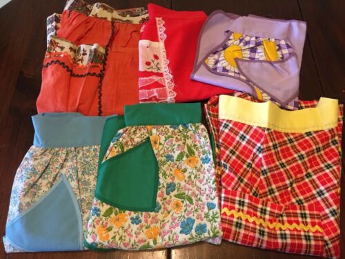Vintage Handmade Half Aprons With Tie At Waist With Pocket Lot Of 6 Mixed Sizes