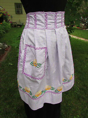 Vintage Cotton Gingham Lilac & White Half Apron with Cross Stitching