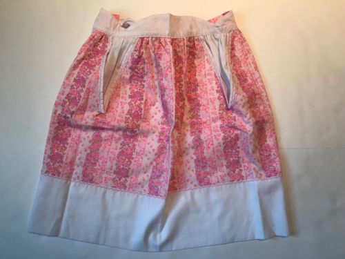 Vintage Apron Reversible Pink Floral Pattern Skirt Pockets Handmade Collectible