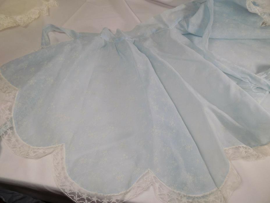 Vintage Sheer Blue Apron with White Lace and White Floral Design
