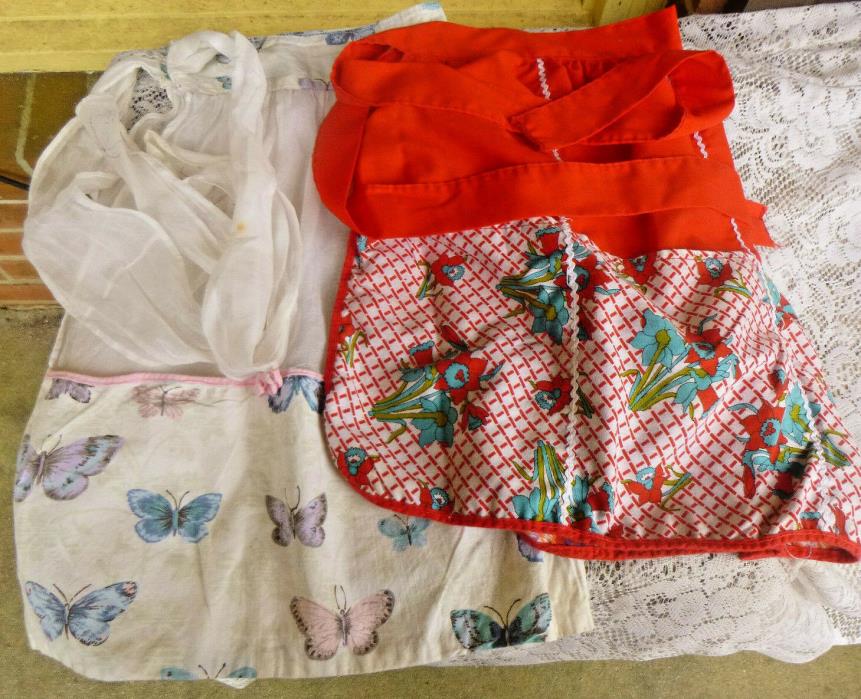 Lot of 2 Vintage Retro Women's Aprons Half Style 1 White Organdy 1 Red and White