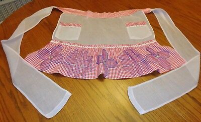 Hand Embroidered Vintage Kitchen Apron Pink Red White Ruffle