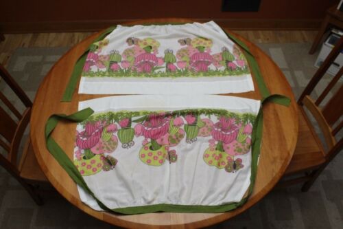 Two 1960s 1970s Half Apron with Green and Pink Merry Mushrooms and Flowers