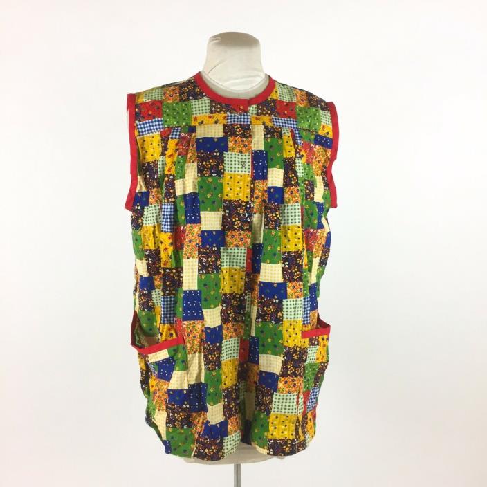Vintage 1960s Apron Smock Bright Multi Color Floral Checkered Patchwork Snap