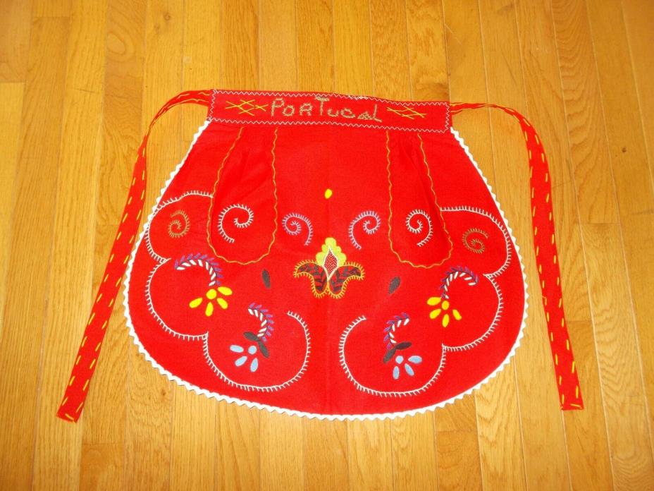 Vintage Red Embroidered Apron from Portugal with 2 Pockets, Beautiful, Unique