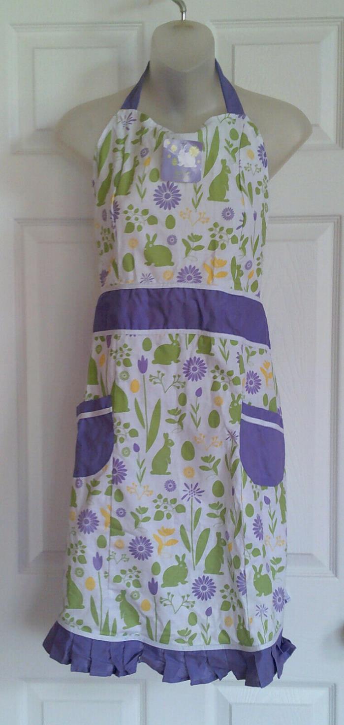 Easter Full Apron Pockets Bunny Egg Tulips 100% Cotton Purple Green Yellow White