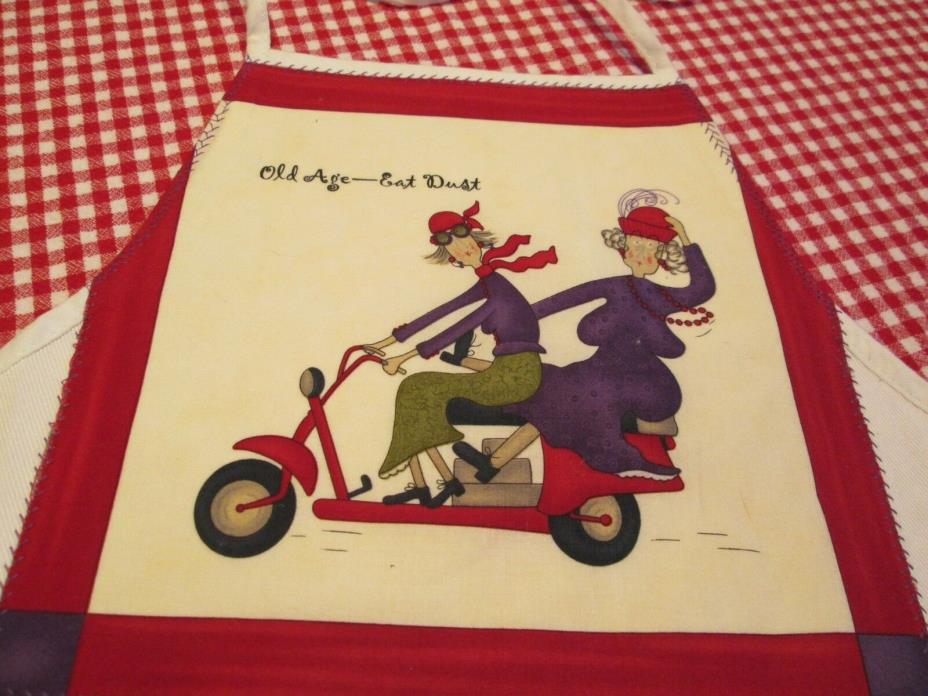 Sandy Gervais Old Friends Old Age Eat Dust Canvas Apron Bib Purple Red Motorbike