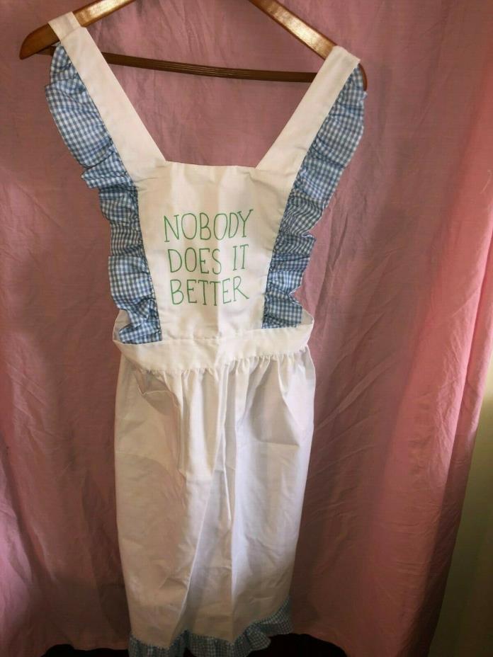 Full Apron Handcrafted White with Blue Gingham Trim Nobody Does It Better