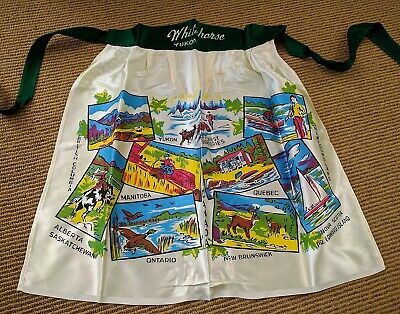 Vtg 50's Kitsch Apron Whitehorse Yukon Canada Souvenir Tourist Satin Print