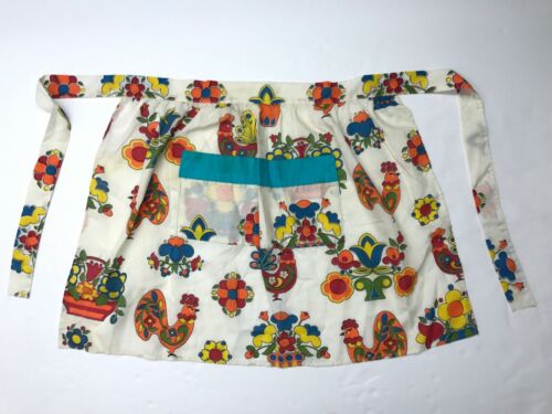 VTG MCM 60s Handmade Rooster Flower Print Pocket Half Tie Back Apron