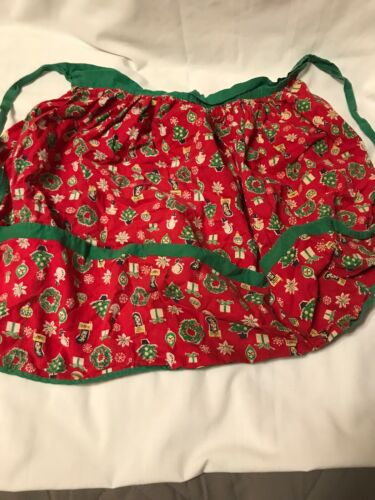 Vintage 1950 's Christmas Half Apron Cotton Bright Red Pattern Pockets