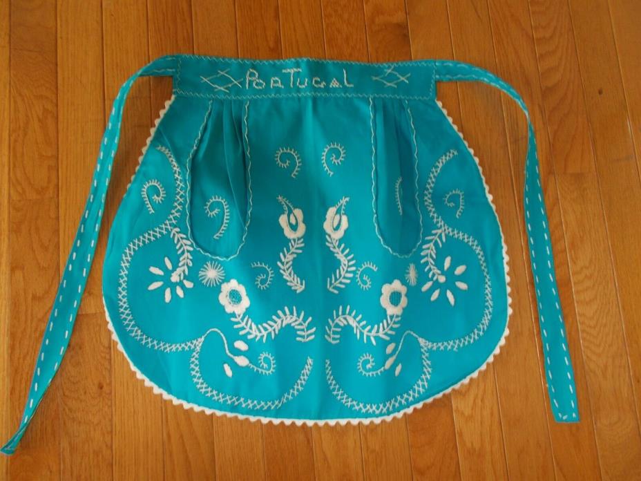 Vintage Blue Embroidered Apron from Portugal with 2 Pockets, Beautiful, Unique