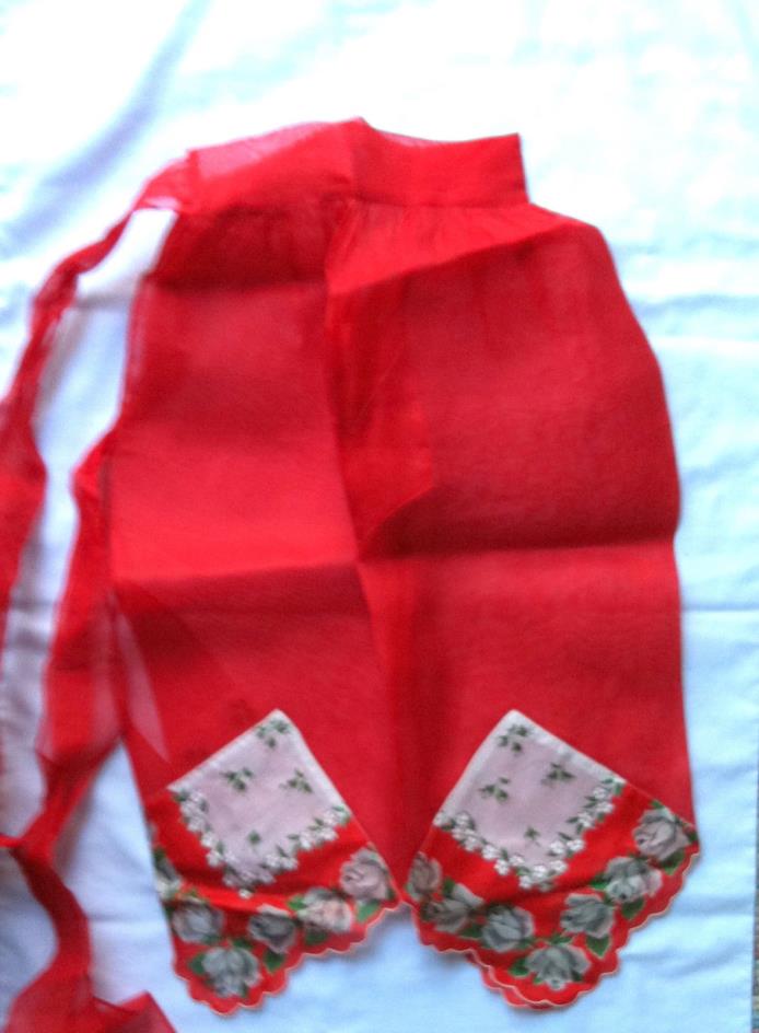 Vintage Red Sheer 1950's Half Apron w/Handkerchief Trim  Good Condition