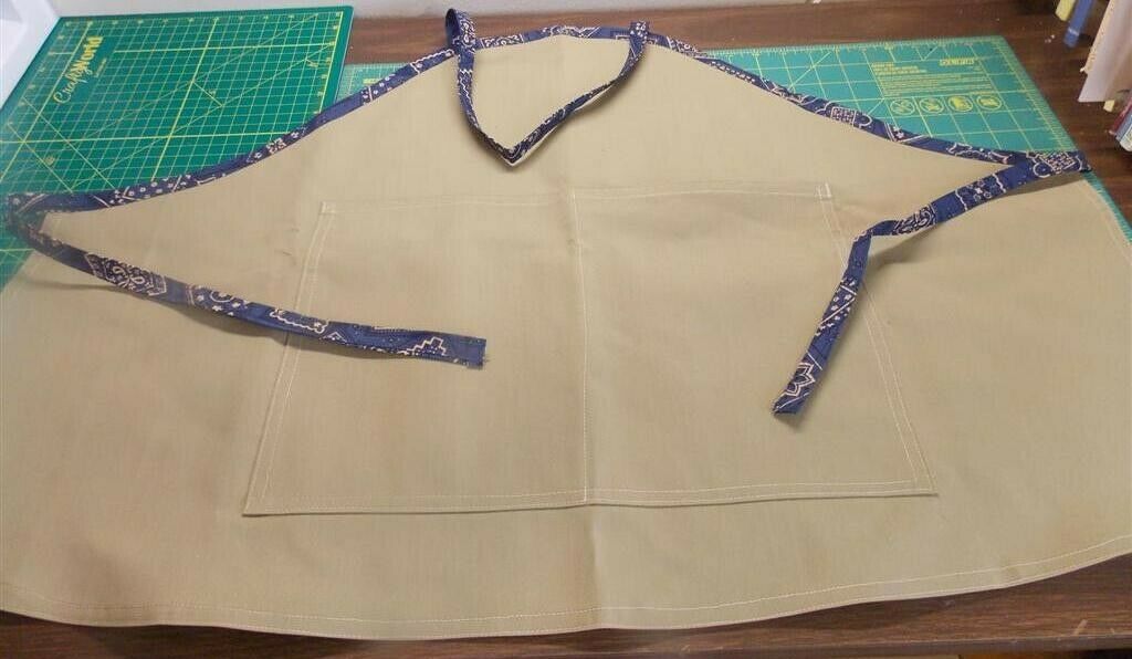 Handmade  Half Apron for Work ~ Shop ~ Crafts ~ Khaki w/ Blue Bandana Trim