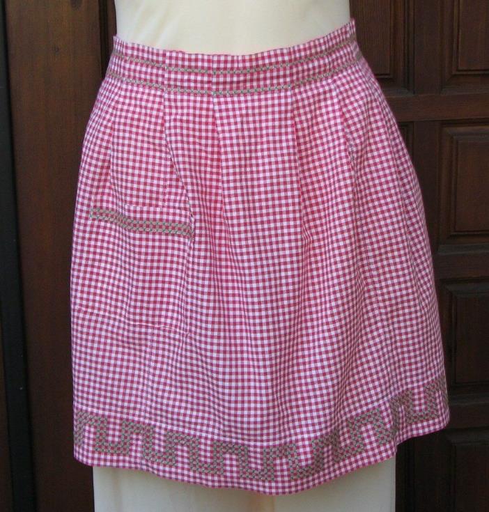 Vtg Half Apron Christmas Colors Red Gingham Chicken Scratch Embroidery
