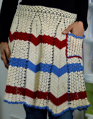 Vintage Apron Handmade Crocheted Half Waist Pocket Cream Horizontal Stripes
