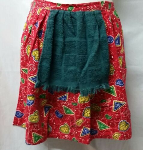 Handmade Half Apron Pockets Sewn on Towel Red With Hearts