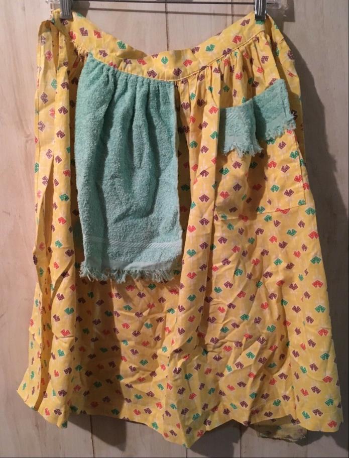 vintage half  apron- yellow print with sewn on terry cloth towel