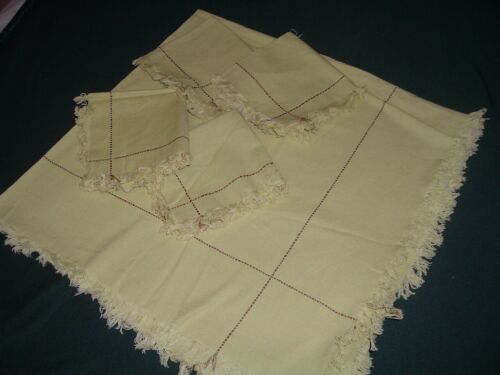 Vtg 60s Tablecloth & 4 Napkins Lime Green Cotton Linen Mid Century Handmade #pb