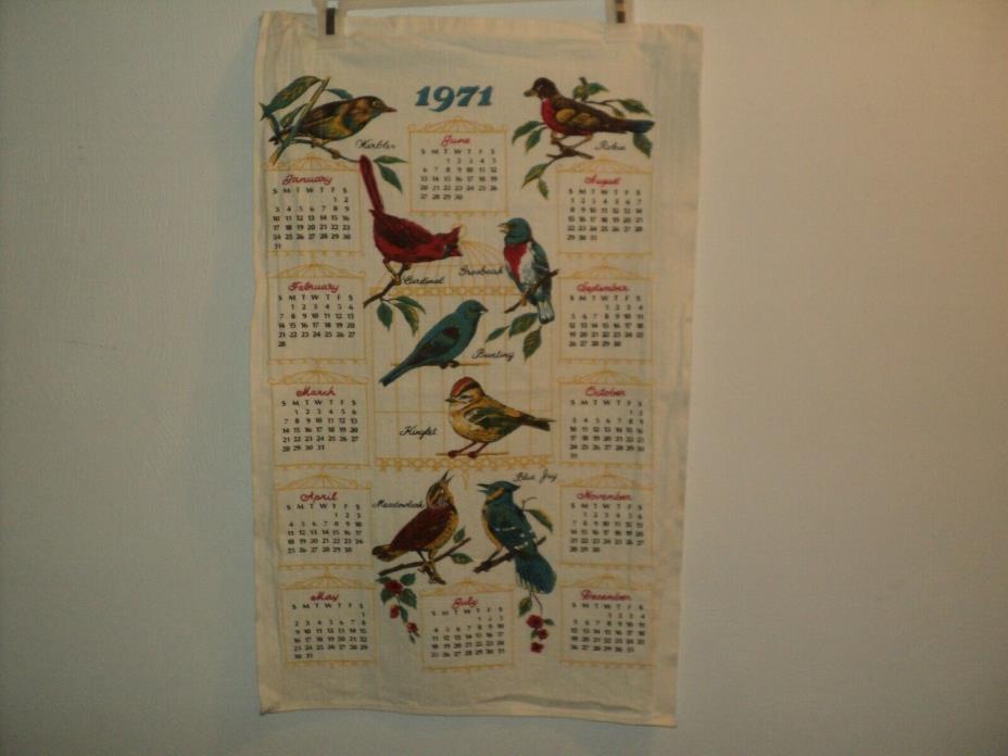 Vintage Linen Kitchen Towel Calendar 1971 Birds 25.5