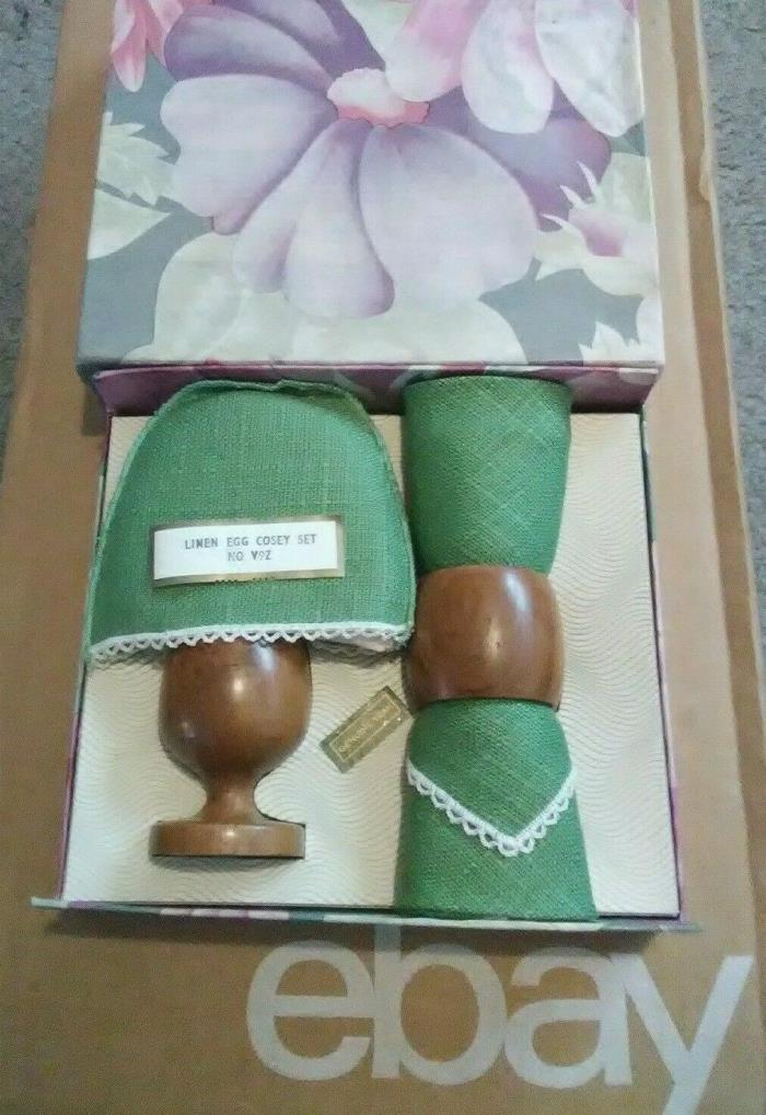 1950's Vintage Irish Linen Egg Cozy & Genuine Teak Wood Egg Cup. Made in N. Ire!