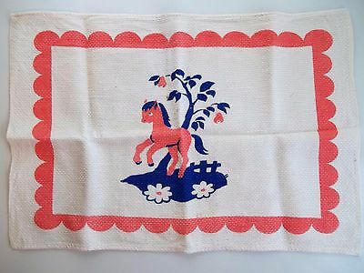 VINTAGE 1 CHILD'S PLACE MAT WHITE BROAD CLOTH PINK & BLUE PONY ~ JUST ADORABLE