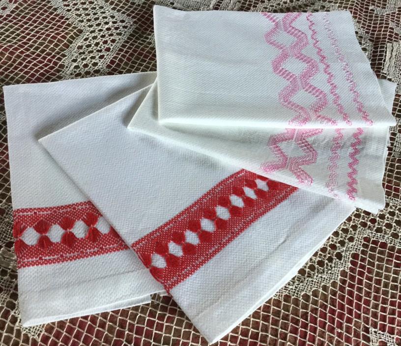 4 Vintage Embroidered Red & Pink Stripe / Geometric Linen Dish Kitchen Towels