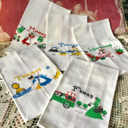5 Vintage Days of the Week Chores Red Stripe Linen Dish Towels, Printed Designs
