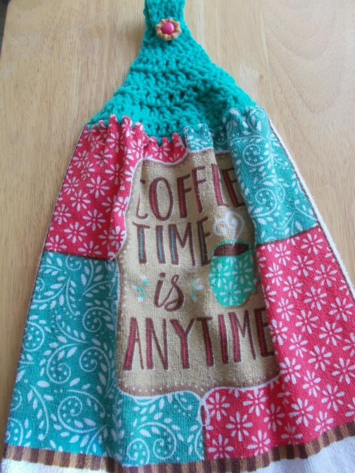 AQUA Yarn Crocheted Top Multi-color COFFEE TIME Print Cotton Kitchen Towels
