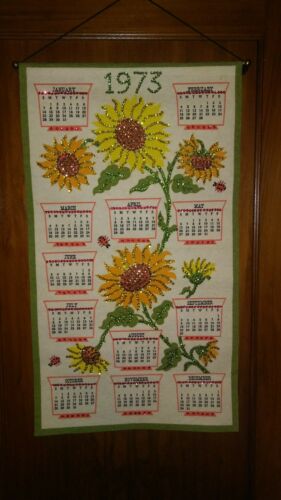 Vintage Retro Sunflower Felt Sequin 1973 Hanging Wall Calendar