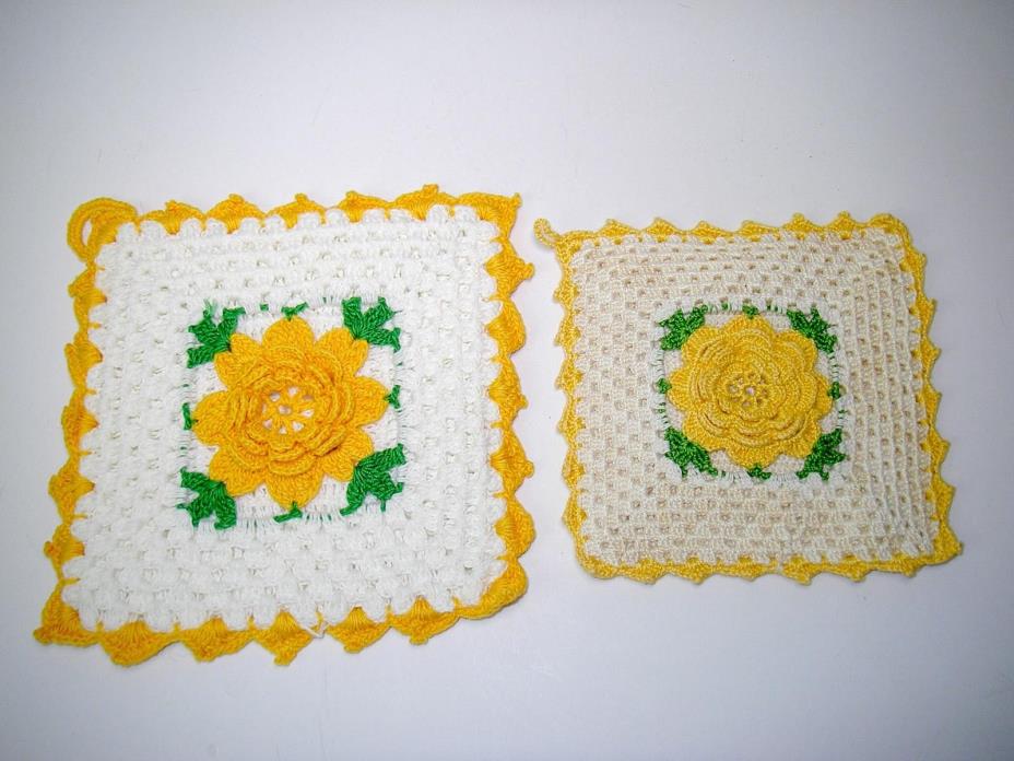 2 Vintage Crocheted Yellow Flower Potholders