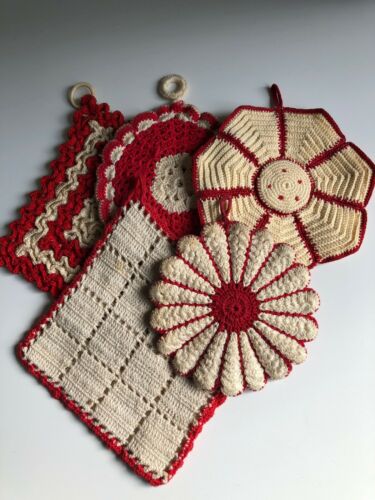 Red And White Crochet Potholder Lot Of Five Vintage