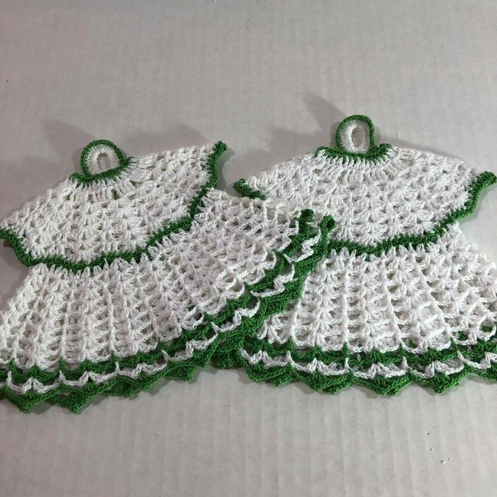 Vintage Crocheted White Green Dress Pot Holders Mats Set 2