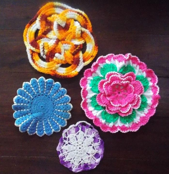 4 Vintage Crocheted Knitted Potholders Hot Pads