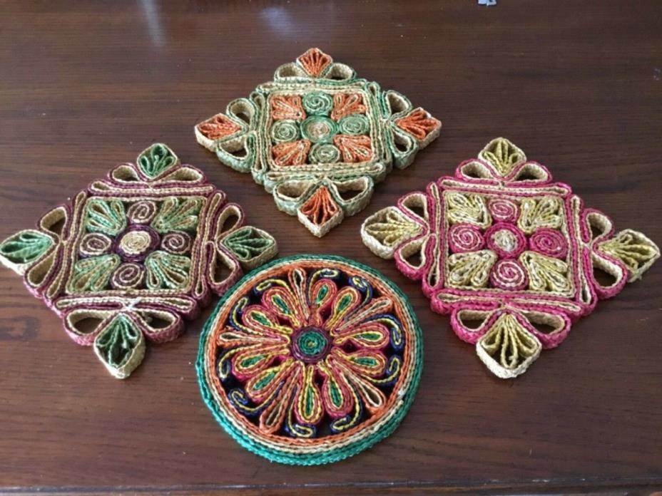 Lot of 4 Colorful Vintage Ratan Straw  Woven Hot Pads