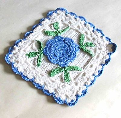 Blue Rose Hand Thread Crocheted Vintage Kitchen Hot Pad Display 5.75