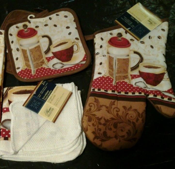 Coffee Beans Cups Kitchen Linen Bundle of 5 pc