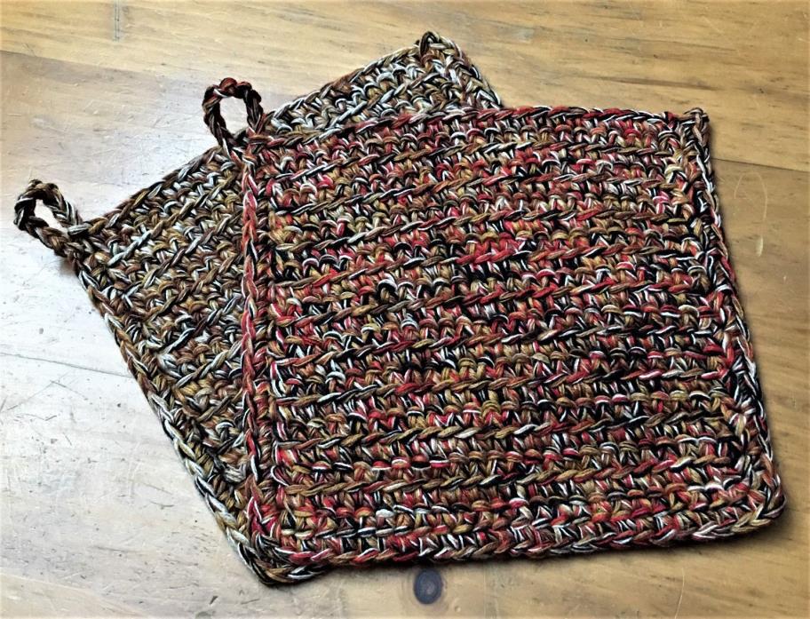 Pot Holders, Artesian Brown & Red, Crochet Set of 2, 100% Cotton, 12 Strand